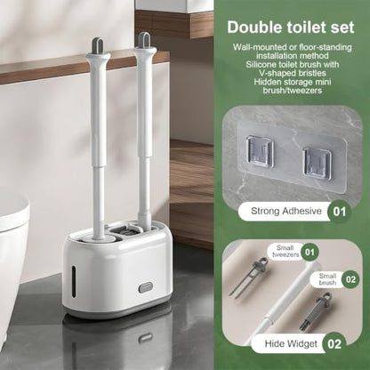 ROOM127 Wall-Mounted 2-in-1 Toilet Brush Set with Holder and Crevice Brush | Curved Under-Rim Bowl Brush with V-Shaped Crevice Scrubber and Long Handles for Tile Gaps, Grout Lines and Bathroom Corners