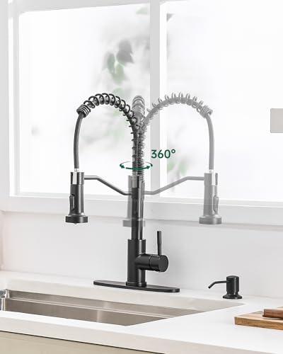 AIMADI Black Kitchen Faucet with Soap Dispenser and Pull Down Sprayer | Matte Black,Lead-Free,Single Handle,Stainless Steel,360° Swivel,for Farmhouse,Camper, RV,Laundry,Bar Sink - color: Matte Black