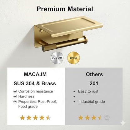 Toilet Paper Holder with Shelf, 304 Stainless Steel PVD Brushed Gold Finish | Wall Mount Toilet Tissue Roll Holder with Shelf for Bathroom Storage, Solid Brass Roll Bar with Knurled Texture Design - color: Pvd Brushed Gold Finish