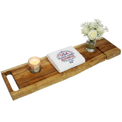 EcoDecors Eleganto 42" Live Edge Solid Teak Bath Caddy Tray with Handle, Book & Tablet Holder, Wine Glass Holders, Luxury Bathtub Tray - style: 42" Live Edge