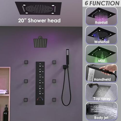 Enga Luxury Dual Shower Head System with Body Jets LED Thermostatic Shower System with 6 inch Wall Shower, 20-Inch 3 Function Shower Head (Rainfall & Mist & Waterfall), Matte Black - color: Matte Black, style: 20" Head (Rain + Mist+Waterfall) - 6" Head+Je