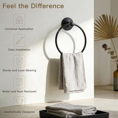 Adhesive Towel Ring Self Adhesive Hand Towel Ring Stainless Steel Rustproof Bathroom Towel Holder Wall Mount SUS 304 Stainless Steel Matte Black,Bathroom Hand Towel Holder