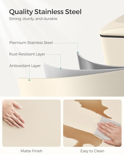 SONGMICS Slim Trash Can, 13-Gallon (50 L) Garbage Can for Narrow Spaces with Soft-Close Lid, Inner Bucket, and Step-on Pedal, Stainless Steel, 15 Trash Bags Included, Sand Beige ULTB510A01 - color: Sand Beige, style: 13 Gal.