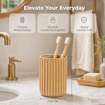 Beige Ceramic Toothbrush Holder Cup | Striped Modern Farmhouse Bathroom Organizer Toothpaste Cup & Makeup Brush Tumbler - color: Beige