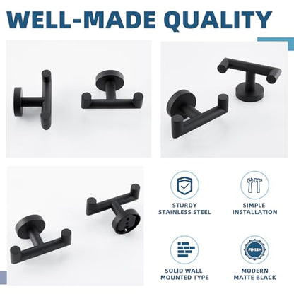 Matte Black Double Towel Hooks for Bathrooms, 2 Pack, Wall Mounted | Rustproof 304 Stainless Steel, Heavy-duty 11lbs Robe Hooks for Towels, Coats, Bags, Shower, Kitchen, Entryway Storage Hook - color: Matte Black