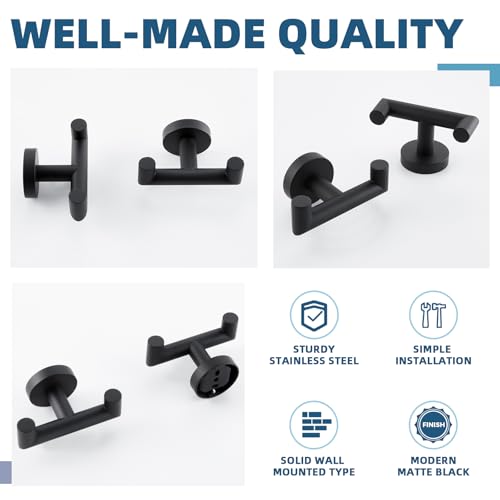 Matte Black Double Towel Hooks for Bathrooms, 2 Pack, Wall Mounted | Rustproof 304 Stainless Steel, Heavy-duty 11lbs Robe Hooks for Towels, Coats, Bags, Shower, Kitchen, Entryway Storage Hook - color: Matte Black