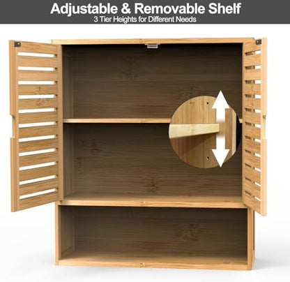 Bamboo Bathroom Cabinet,Bathroom Wall Cabinet with 2 Doors & 3 Tier Shelves | Medicine Cabinet,Over the Toilet Storage Cabinet,Bamboo Wall Storage Cabinet for Laundry Room & Living Room Kitchen