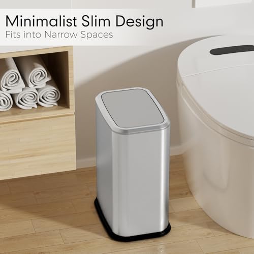 Bathroom Trash Can with Lid 8L/2.1 Gallon Silver Trash Can Small Garbage Can with Swing Top Lid Slim Stainless Steel Garbage Can with 100 Counts Trash Bags for Bathroom Bedroom Kitchen Office Toilet - color: Silver, size: Swing-Lid Trash Can