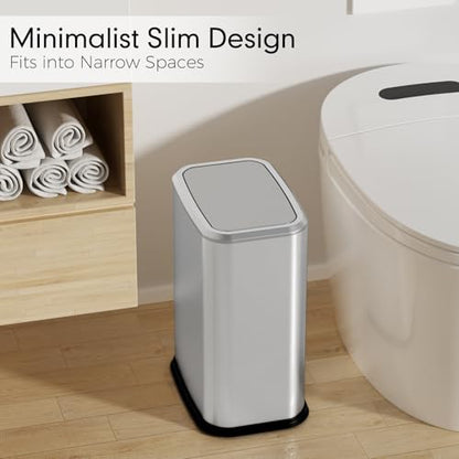 Bathroom Trash Can with Lid 8L/2.1 Gallon Silver Trash Can Small Garbage Can with Swing Top Lid Slim Stainless Steel Garbage Can with 100 Counts Trash Bags for Bathroom Bedroom Kitchen Office Toilet - color: Silver, size: Swing-Lid Trash Can