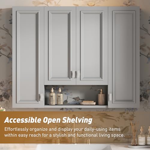 Marzzi 36" x 28" Bathroom Medicine Cabinet with Open Shelf | Wall Mounted Bathroom Storage Cabinet with Adjustable Shelves, Over The Toilet Wall Cabinet, Painted Finish - color: Grey