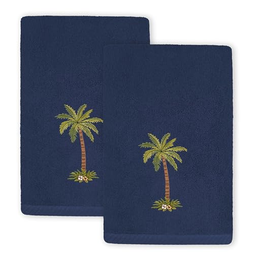Flourish 2-Piece Fingertip Towel Set, Elegant Palm Tree Applique, Luxurious Turkish Cotton, Absorbent & Stylish, Unique Bathroom Accessory, 2 Fingertip Towels, Marine - color: Marine, size: 2 Pcs Fingertip Towel