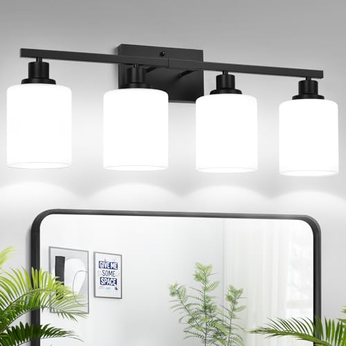 MOKATNG 4-Light Bathroom Light Fixtures, Vanity Light with Milky White Shades, Matte Black Bathroom Light Fixtures Over Mirror, Modern Bathroom Wall Lamp for Mirror Living Room Cabinet Bedroom - color: Matte Black, size: 4-Light