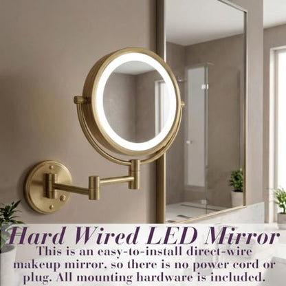 JERDON Hardwired Wall-Mount Makeup Mirror - 8X/1X - Gold - HL88BGLD | 8.5" Round Frame, 13.5" Wall Arm, LED Lighting, Direct Wire Installation - color: Gold Direct Wire
