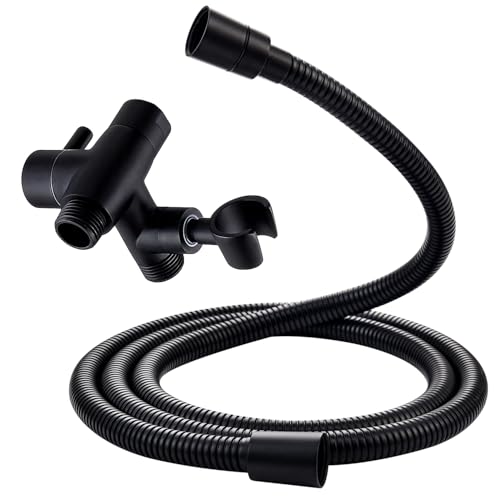 G-Promise Solid Metal Shower Arm Diverter with Handshower Mount, 70 Inch Stainless Steel Long Shower Hose, Flexible and Tangle-Free, for Shower and Pet Shower, Clean Bathroom Corners (Matte Black)