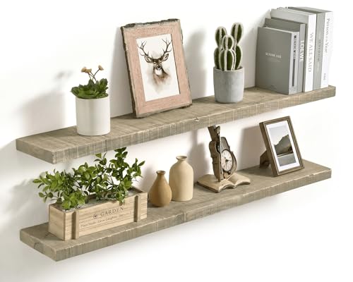 Axeman 48 Inch Rustic Wooden Floating Shelves for Wall|Solid Reclaimed Wood Wall Mounted Shelves with Invisible Brackets for Books Bathroom Kitchen Storage|8 Inch Deep|2 Pack, Grey - color: Grey, size: 48inch