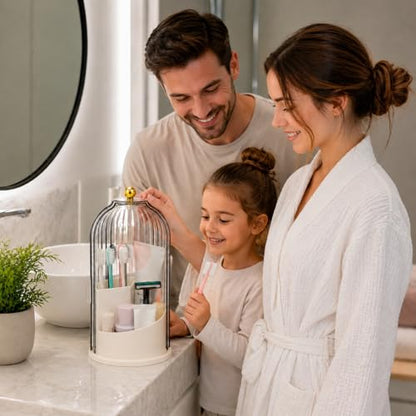 Rotating Toothbrush Holder with Cover, Storage for Bathroom, Dustproof Toothbrush Holder with Sliding Lid Electric Tooth Brush and Makeup Brush Organizer for Vanity, Dustproof with Cover