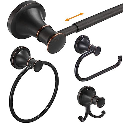 Hoimpro Oil Rubbed Bronze Bathroom Accessory Set, 4-Piece Wall Mount Hardware with Adjustable Towel Bar Rack, Towel Ring, Paper Towel Holder, Double Towel Hooks - color: Oil Rubbed Bronze