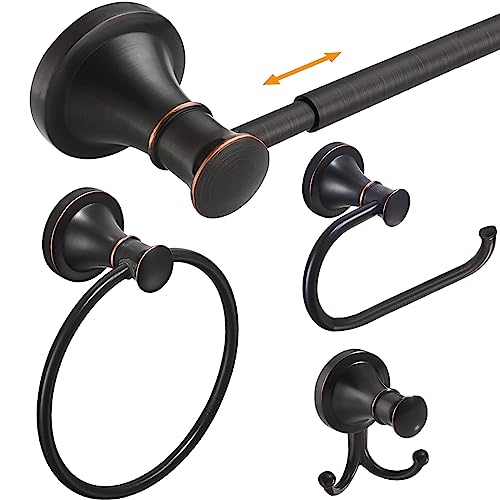 Hoimpro Oil Rubbed Bronze Bathroom Accessory Set, 4-Piece Wall Mount Hardware with Adjustable Towel Bar Rack, Towel Ring, Paper Towel Holder, Double Towel Hooks - color: Oil Rubbed Bronze