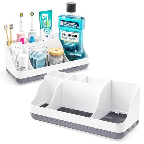 Bathroom Counter Organizer and Storage, 7 Slots Detachable Toothbrush Holders for Bathrooms, Anti-Slip Electric Toothbrush and Toothpaste Holder Countertop Vanity Organizer Accessories for Adults Kids - color: Whitegrey 2 Pack