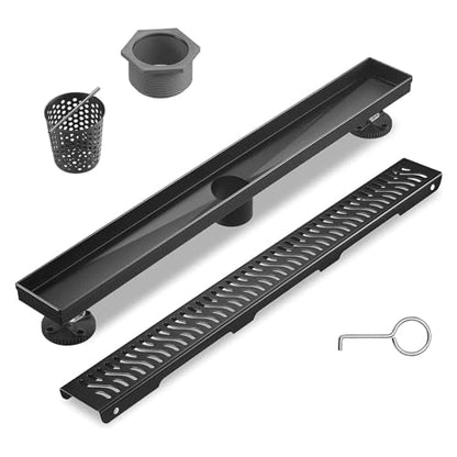 Sharp-tec Linear Shower Drain, 36 inch Shower Drain with Removable Pattern Cover, Matte Black 304 Stainless Steel Rectangle Floor Drain, Adjustable Feet and Hair Strainer Included - color: Matte Black, size: 36 inch