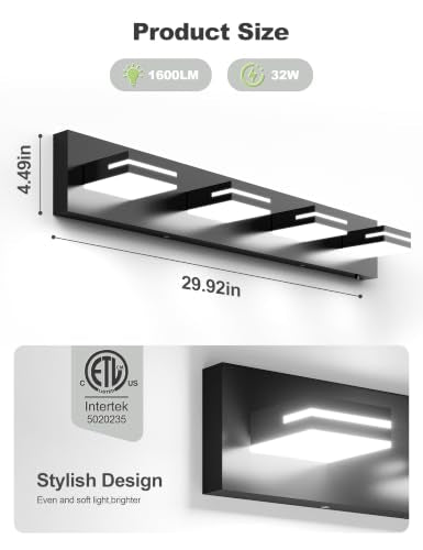 VOLISUN Modern 30-Inch 4-Light Black LED Bathroom Vanity Light Fixtures Over Mirror, 5CCT Dimmable, ETL Certificated - color: Matte Black-5CCT, size: 30-Inch