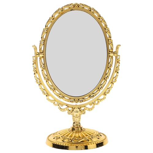 PartyKindom Vintage Desktop Make Up Mirror Double Sided 360 Rotating Tabletop Oval Vanity European Style Gold Aesthetic Retro Antique Art Deco for Bedroom Bathroom Desk Decoration Standing 8 inches