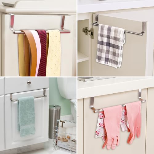 Over Cabinet Towel Bar with Hooks, 14 Inch | Brushed Stainless Steel Over The Door Towels Rack for Home Kitchen Inside Outside Cabinets Doors Hand Dish Towels Washcloths