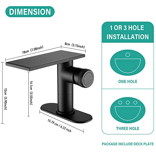 becola Modern Bathroom Sink Faucet，Black Bathroom Faucet，Waterfall Faucet for Bathroom Sink，Single Hole Cold and Hot Vanity Faucet，Single Handle Vessel Sink Faucet with Adjust Knobs and Deck Plate - color: Matte Black, size: low