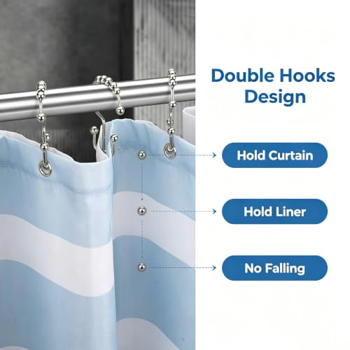 Shower Curtain Hooks, 12 Pack Rust-Resistant Metal Double Roller Shower Curtain Rings, Smooth Glide Double Hook Design for Shower Curtains and Liners, Fits Standard Bathroom Shower Rods, Nickel