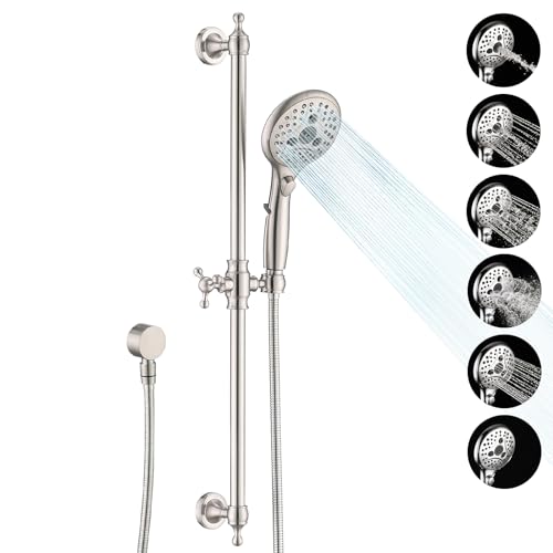 Handheld Shower Head with Slide Bar Combo, 6 Settings Handheld Shower with ON/OFF Pause Switch, Adjustable Height 27.5" Long Slide Bar, Wall Supply Elbow and 6.6ft Shower Hose, Brushed Nickel - color: Brushed Nickel