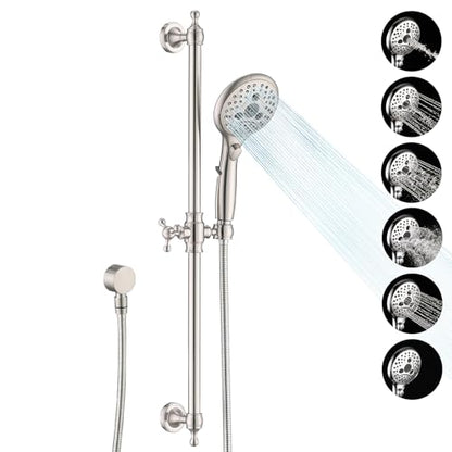 Handheld Shower Head with Slide Bar Combo, 6 Settings Handheld Shower with ON/OFF Pause Switch, Adjustable Height 27.5" Long Slide Bar, Wall Supply Elbow and 6.6ft Shower Hose, Brushed Nickel - color: Brushed Nickel