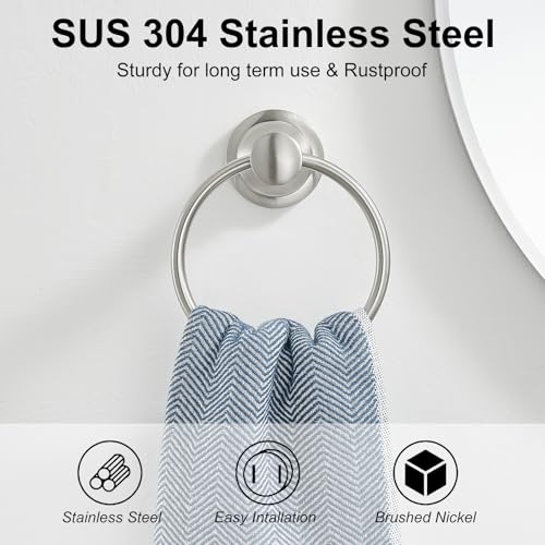 Towel Ring, Bathroom Hand Towel Holder Wall Mounted Brushed Nickel | Modern Round, Heavy Duty Towel Rack Hanger, Hardware Accessory, SUS 304 Stainless Steel Rustproof for Bath, Kitchen, RV - color: Brushed Nickel