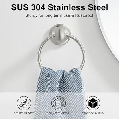 Towel Ring, Bathroom Hand Towel Holder Wall Mounted Brushed Nickel | Modern Round, Heavy Duty Towel Rack Hanger, Hardware Accessory, SUS 304 Stainless Steel Rustproof for Bath, Kitchen, RV - color: Brushed Nickel