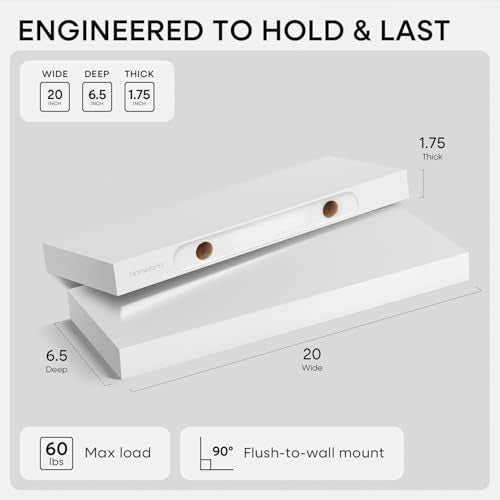 White Floating Shelf 20 inch, High End Solid Real Wood 20inch Bathroom Floating Shelves for Wall Mounted, White Wooden 20in Floating Shelves, Heavy Duty Bracket, 20 X 6.5 X 1.75 in, Set of 2 - color: Classic White - Soft Neutral Satin, size: 20 inch