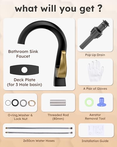WOWOW Single Handle Bathroom Faucet 1 Hole High Arc Bathroom Basin Faucet Black and Gold with Pop-up Drain, Solid Brass Commercial Bathroom Sink Basin Vanity Bar Faucet (Patented Product) - color: Black and Gold