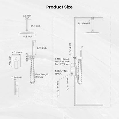 gotonovo Ceiling Shower System with Handheld Brushed Nickel,12 inch Head | Ceiling Mount Bathroom Shower Faucet Set,SUS304 Rainfall Head and Handle Set Combo,Brass Valve Trim Kit,All Metal - color: Nickel, size: 12 inch Head