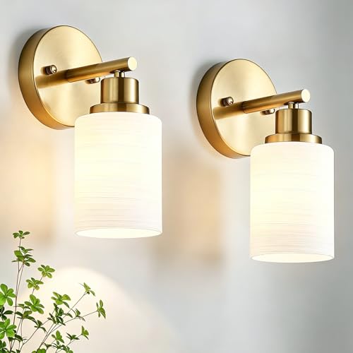 2-Pack, 1-Light Vanity Lights, Brushed Gold Bathroom Light Fixture with Textured Milky White Glass Shade, E26 Modern Vanity Lighting Fixture for Bathroom Wall Sconce - color: Gold, size: 4.7 Inch : 1-Light