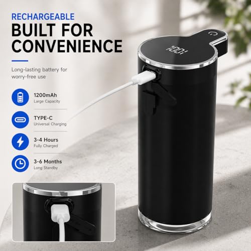 Automatic Liquid Soap Dispenser Touchless, Stainless Steel Hand Soap Dispenser, USB Rechargeable, 4 Adjustable Levels, 11.8oz/350ml for Kitchen and Bathroom (Black, Liquid) - color: Black, size: Liquid
