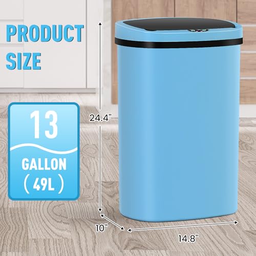 13 Gallon Automatic Kitchen Trash Can with Lid, Touchless Motion Sensor Garbage Can - Hygienic, Odor Control, Waterproof Waste Bin for Kitchen Bathroom Bedroom Office (50L), PP Plastic, Blue - color: Blue