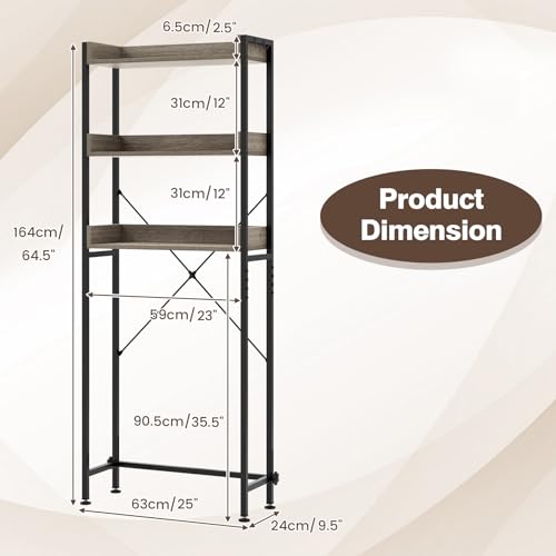 Giantex Over The Toilet Storage Shelf, 3-Tier Freestanding Space Saver Above Toilet with 4 Hooks, Adjustable Bottom Bar, Over Toilet Bathroom Organizer for Restroom, Laundry, Easy Assembly - color: Grey + Black