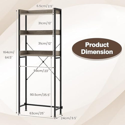 Giantex Over The Toilet Storage Shelf, 3-Tier Freestanding Space Saver Above Toilet with 4 Hooks, Adjustable Bottom Bar, Over Toilet Bathroom Organizer for Restroom, Laundry, Easy Assembly - color: Grey + Black