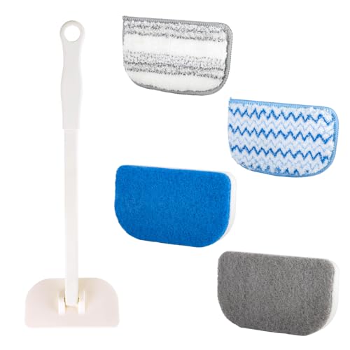 Tub Brush Scrubber with Long Handle, Durable Tub Scrubber with 4 Versatile Cleaning Heads, No-Scratch, Powerful Deep-Clean Tile Scrubbers, for Shower Bathroom Kitchen Bathtub Toilet