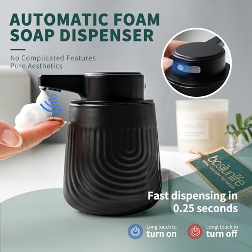 BosilunLife Ceramic Automatic Soap Dispenser with Extended Pump Nozzle, 3 Adjustable Levels, Touchless Foam Hand Wash Foaming Dispenser for Bathroom & Kitchen, Embossed Wave Design, Black, 10oz - color: Embossed Wave-black