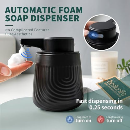 BosilunLife Ceramic Automatic Soap Dispenser with Extended Pump Nozzle, 3 Adjustable Levels, Touchless Foam Hand Wash Foaming Dispenser for Bathroom & Kitchen, Embossed Wave Design, Black, 10oz - color: Embossed Wave-black