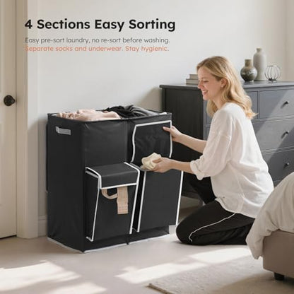 SOLEDI 180L Double Laundry Hamper with Lid and 2 Side Pockets, Dual Hamper | 2 Section Laundry Basket, Removable & Washable Laundry Bags, 180L Large Capacity, for Bedroom, Bathroom, Laundry Room, Dorm - color: Black