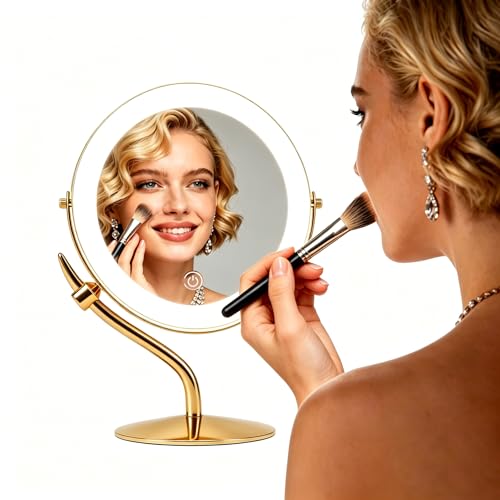 Professional 8" Large Lighted Makeup Mirror with Lights, 1X/10X True HD Magnifying Mirror with 3 Color Dimmable Lights, 100 LEDs, 360° Swivel Vanity Mirror, Gold - color: Gold, size: 13"L x 8"W