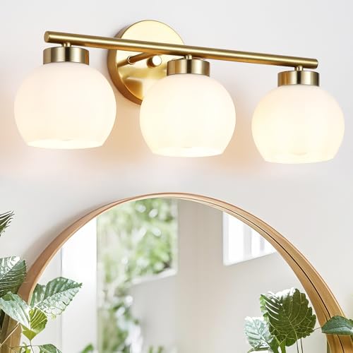 3 Light Bathroom Vanity Light, 20" Brushed Gold Bathroom Light Fixtures Over Mirror with Milky White Glass Globe Shade, Mid Century Modern Brass Wall Sconces, E26 Socket - color: Gold & Milky White Glass, size: 3-Light