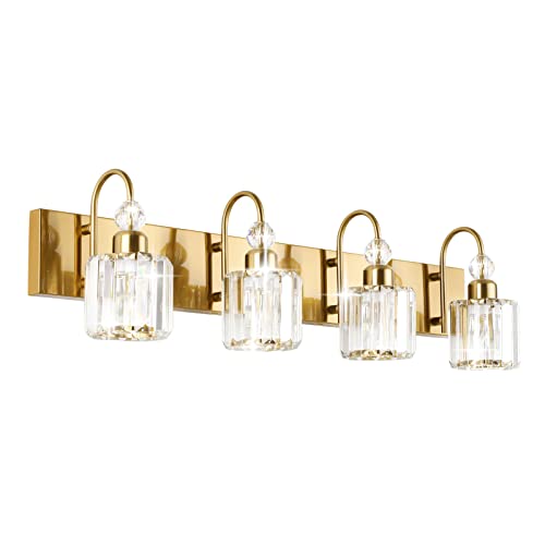 Ralbay Brass Gold Vanity Lights 4-Lights Crystal Bathroom Lighting Fixtures Over Mirror Modern Wall Lighting for Bathroom - color: Round-Brass, size: 4-light