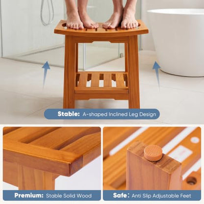 DUMOS Wooden Shower Bench, 18" Waterproof Shower Stool for Inside Showers | Non-Slip Bathroom Bench with Shelf & Handles for Senior Adult, Disabled Elderly, 300 LBS Capacity, Brown - size: 14"W