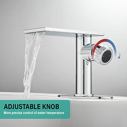 becola Modern Chrome Bathroom Faucet， Waterfall Faucet for Bathroom Sink， Single Hole Bathroom Sink Faucet Cold and Hot Basin Mixer Tap， Single Handle Bathroom Faucet with Adjust Knobs and Deck Plate - color: Chrome, size: low